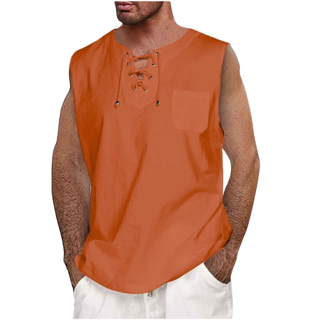 Débardeurs pour Hommes Été Hommes Décontracté Été Coton et Lin Uni Col en V à Nouer Poche Sans Manches Débardeurs Coton Débardeur Homme Débardeurs pour Hommes Coton Débardeurs d'Été pour Hommes
