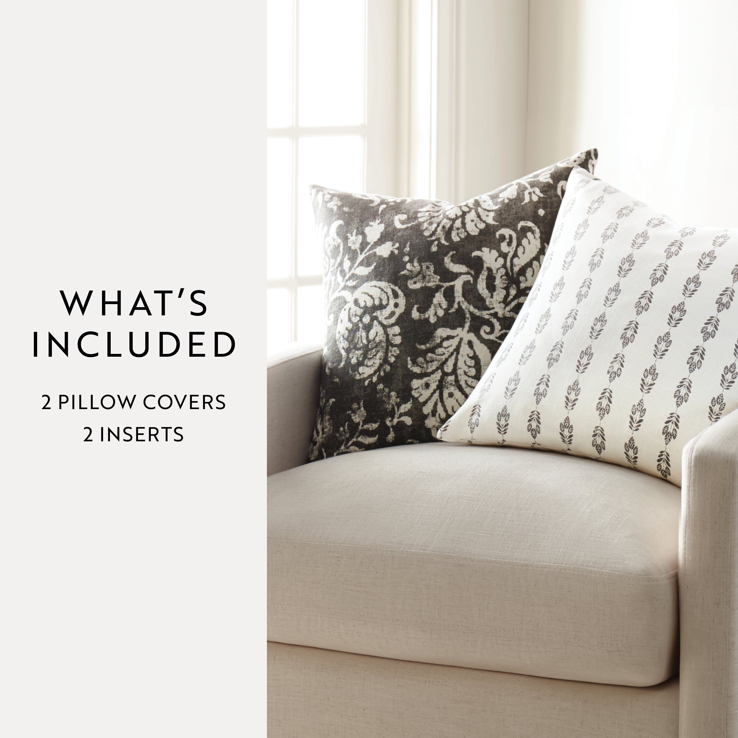 Noble Linens 2-Pack Cotton Slub Decor Throw Pillows - Distressed Floral Charcoal