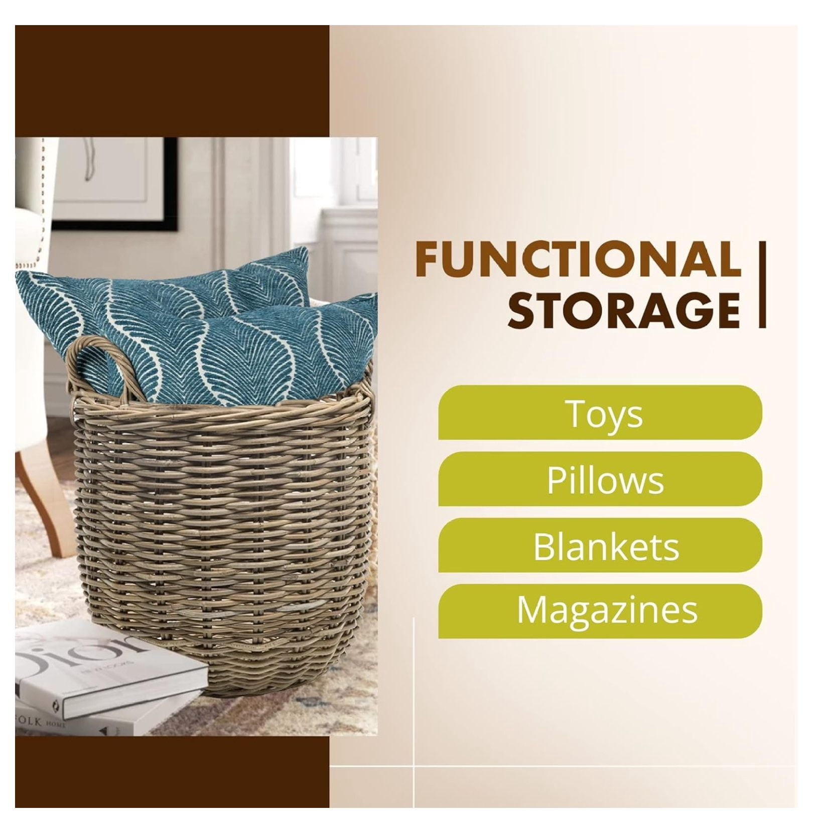 Rattan Kobo Round Storage Basket, Handwoven Rattan Basket with Handles, Organization & Home Decor for Storage, Gray-Brown