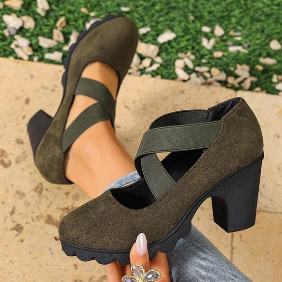 Bkhluea Mary Jane Block Heel Shoes For Women Matte Faux Suede Dual Cross Elastic Instep Straps Round Toe Scalloped Platform Mid Chunky Solid Heel Footwear