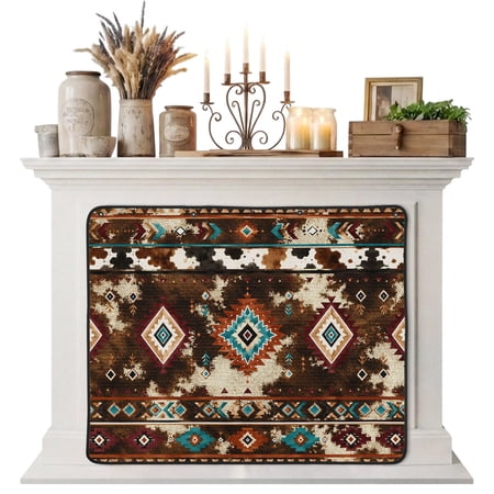 Magnetic Fireplace Cover Aztec Diamond Pattern Fireplace Screen Bohemian Tribal Cowhide Texture Insulation Fireplace Blocker Blanket Save Energy Fireplace Draft Stopper Covers for Living Room 39x32