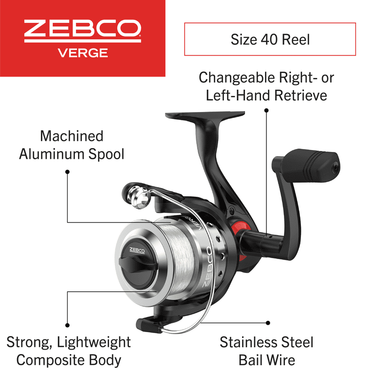 Zebco Verge Spinning Fishing Reel, Size 40 Reel, Changeable Right- or  Left-Hand Retrieve, Pre-Spooled with 12-Pound Zebco Fishing Line, All-Metal  Gears, TRU Balance Rotor, Black 