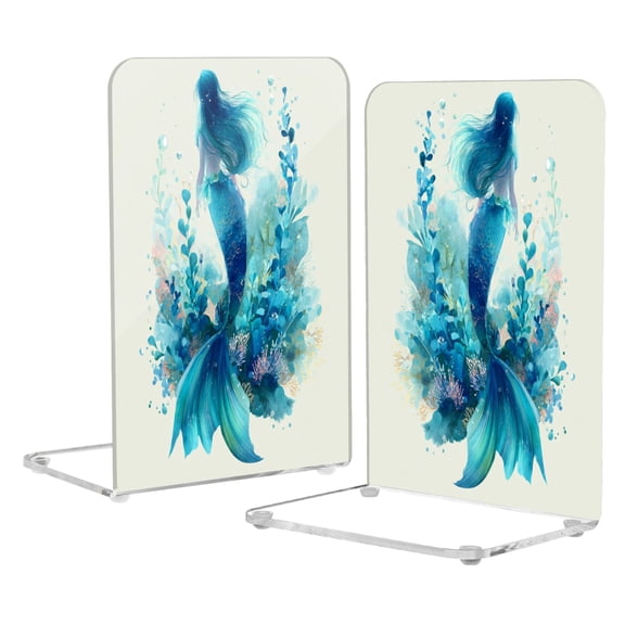 2Pack Acrylic Bookends Clear L-Shaped Book Holders with Non-Slip Pads Sturdy Durable Book Stoppers for Shelves, Office, School, Library, Home Desk Decor Watercolor Teal Mermaid
