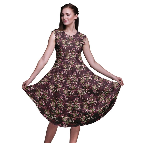 Bimba Purple Leaves & Camellias Floral Women Casual Sleeveless Floral Print Summer Swing Midi Dress-Large