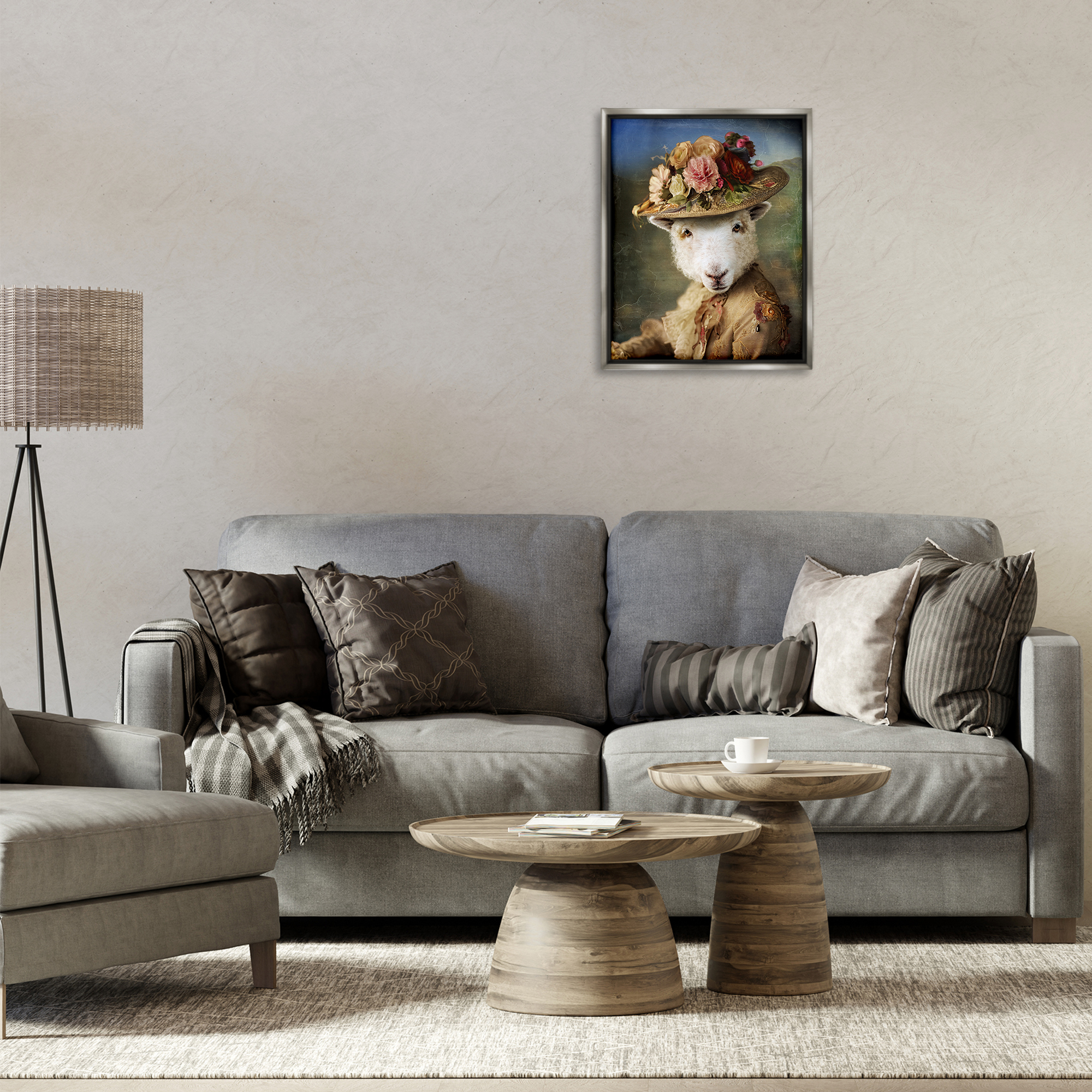 Stupell Industries Lamb with Floral Hat Animals & Insects Painting Gray Floater Framed Canvas Art Print Wall Art, 17 x 21