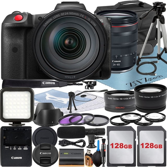 Canon EOS R5 C Mirrorless Cinema Camera with RF 24-105mm Lens + 2 Pack 128GB Memory Card + LED Flash + Case + ZeeTech Accessory