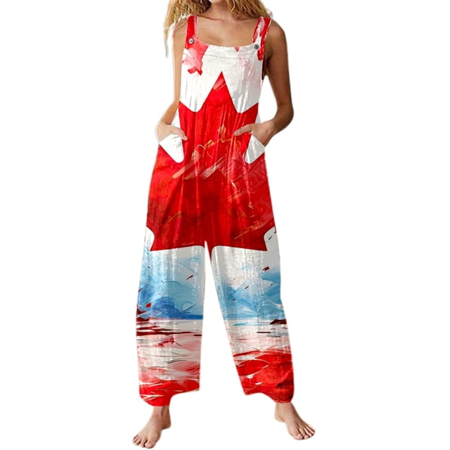 DGMIOCS Canada Day Ladies Maple Leaf Jumpsuits Sleeveless Loose Fit Rompers Canada Clothings Sky Blue L