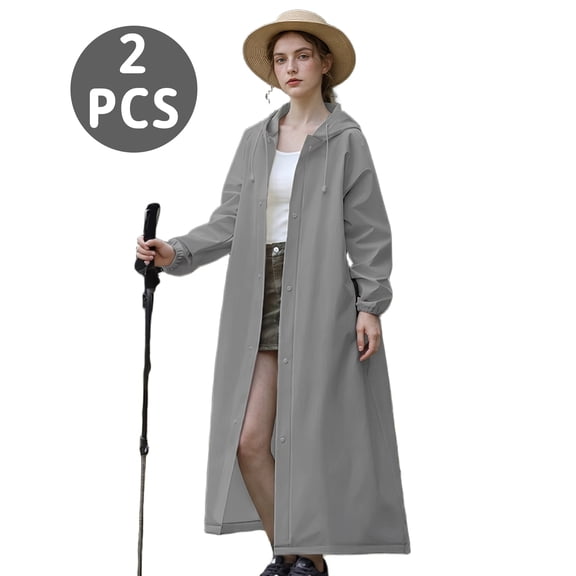 2-Pack Adult EVA Waterproof Hooded Lightweight Rain Ponchos for Men & Women Gray