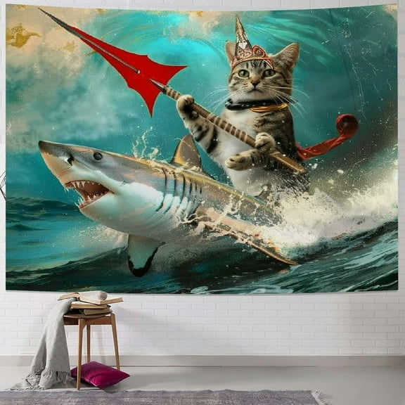 Sheronv Cute Cat Shark Spear Tapestry Wall Hanging Unique Style for Home Decor | Graphic Art for Living Room Bedroom Apartment | Farmhouse Dorm | 4 Sizes Available 40x30inch