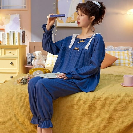 

DanceeMangoo New Arrivals Women Home Wear Clothes Autumn Winter Purple Bow Long Sleeve Women Pajamas Set Full Cotton Sleepwear Suit Outwear
