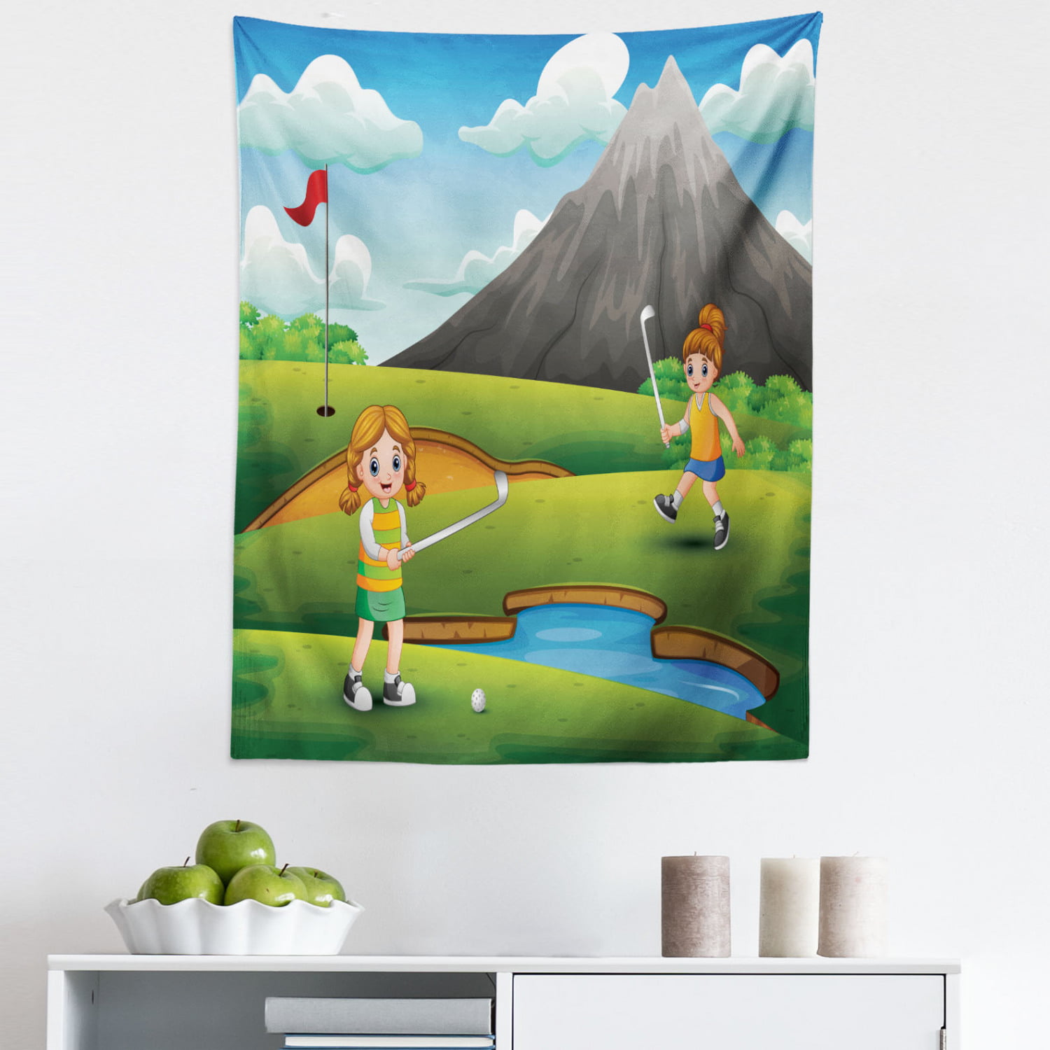 Golf Course Scene Tapestry, Happy Golfer on Field in a Sunny Day Cartoon  Scene, Fabric Wall Hanging Decor for Bedroom Living Room Dorm, 5 Sizes,  Apple Green Multicolor, by Ambesonne 