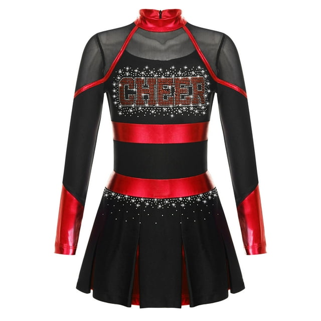 iefiel Tenue de Cheerleader pour Filles, Robe Plissée Brillante pour Danse, Uniforme de Cheerleader pour Enfants Noir&Rouge 14