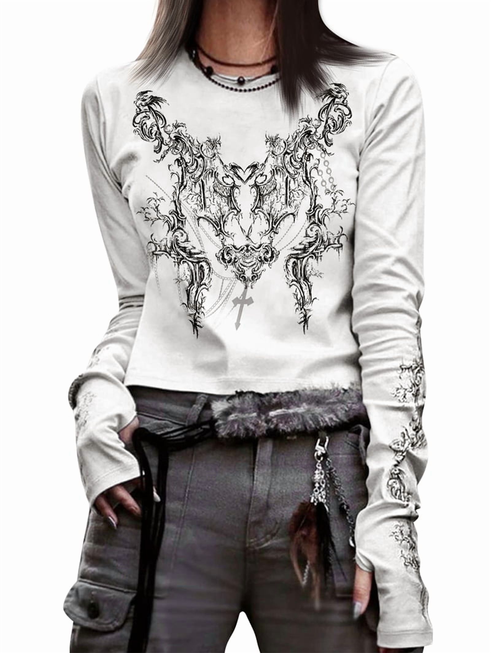 Graphic Tees for Women Teen Girls Aesthetic Grunge Gothic Clothes Y2k Shirt Knit Basic Long Sleeve Top Fall White L