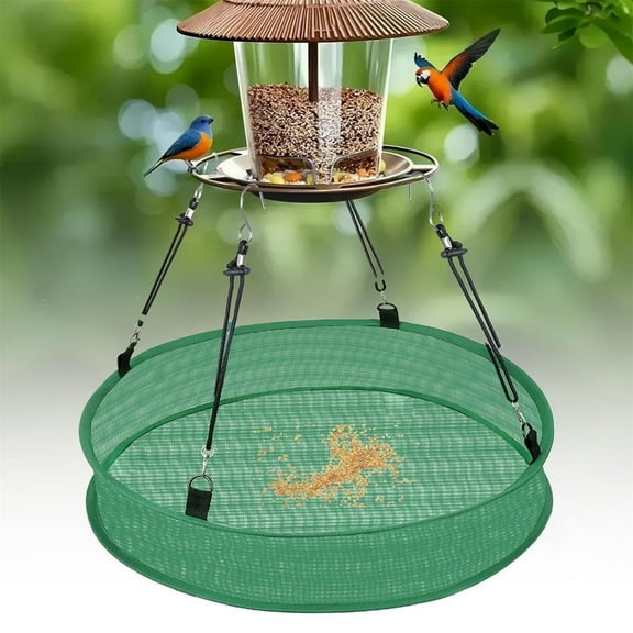 Hanging Durable Bird Feeder With Collection Tray (Mesh Seed Catcher), 1 Pack Includes 4 Hooks & Storage Bag, Garden Yard Bird Feeding Net For Attracting Wild Birds, Outdoor Spill
