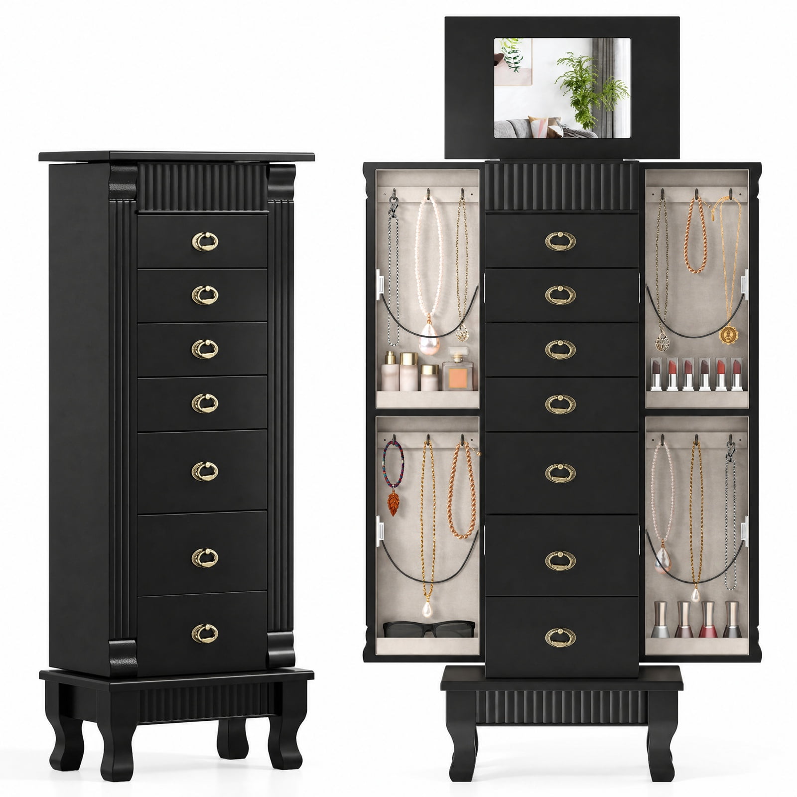 Furnibear Wooden Jewelry Armoire Cabinet Storage Chest with Drawers and Swing Doors for Bedroom Dressing Room Jewelry Necklace Rings Storage, Black