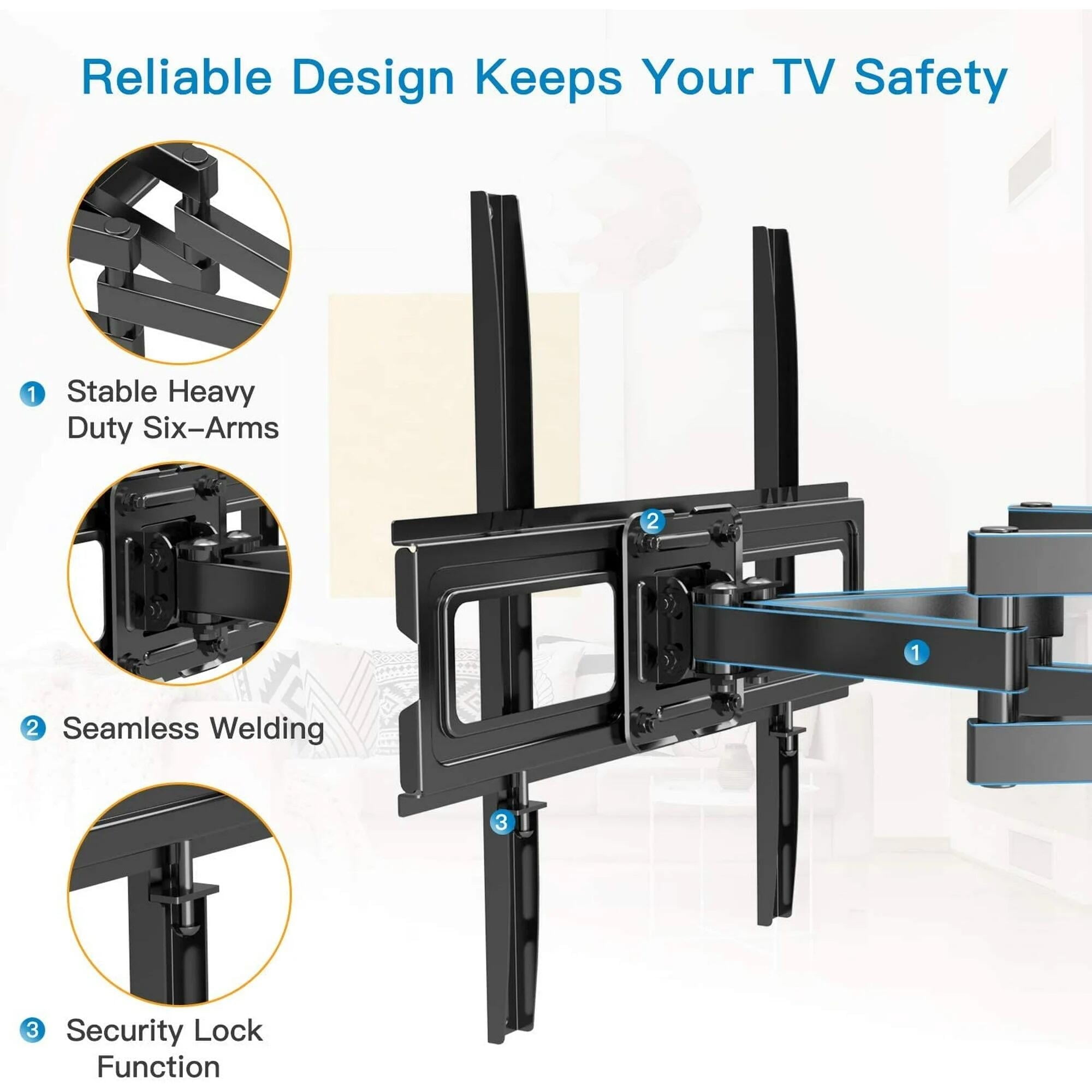 MountFTV Full Motion TV Wall Mount for 26-65 inch TVs Holds up to 110 lbs Swivels Tilts Extension Leveling, Max 400 x 400mm, Fits 8"/12/16" Wood Stud
