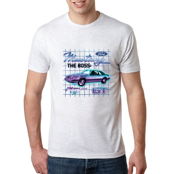 Wild Bobby, Ford Mustang GT The Boss Retro Neon Vintage | Mens Cars and Trucks Premium Tri Blend T-Shirt, Heather White, Small
