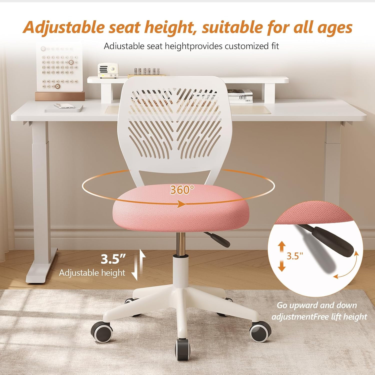 Neatifyes Armless Desk Chair, Height Adjustable Swivel Office Rolling Task Chairs with Soft Mesh Padded Cushion, Ergonomic Small Study Computer Chair for Girls Boys Teens (Pink, 1PC)