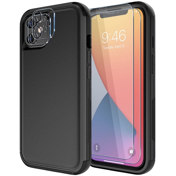 Diverbox Compatible for iPhone 11 Case [Shockproof] [Dropproof] [Tempered Glass Screen Protector   Camera Lens Protector],Heavy Duty Protection Phone Case Cover (Black)