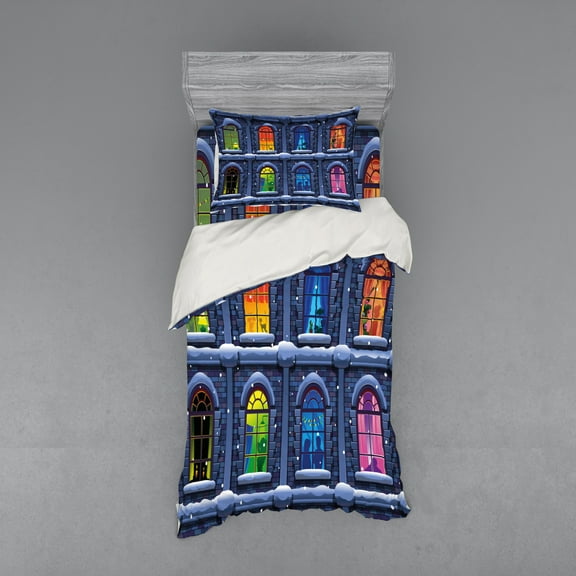 Ambesonne Colorful Bedding Set 3 Pcs, Snowy Winter Night, Twin, Multicolor
