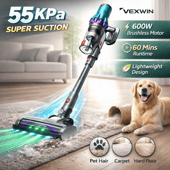 Vexwin Lightweight Cordless Vacuum Cleaner 55Kpa 60Mins 600W Brushless Motor for Pet Hair Carpet