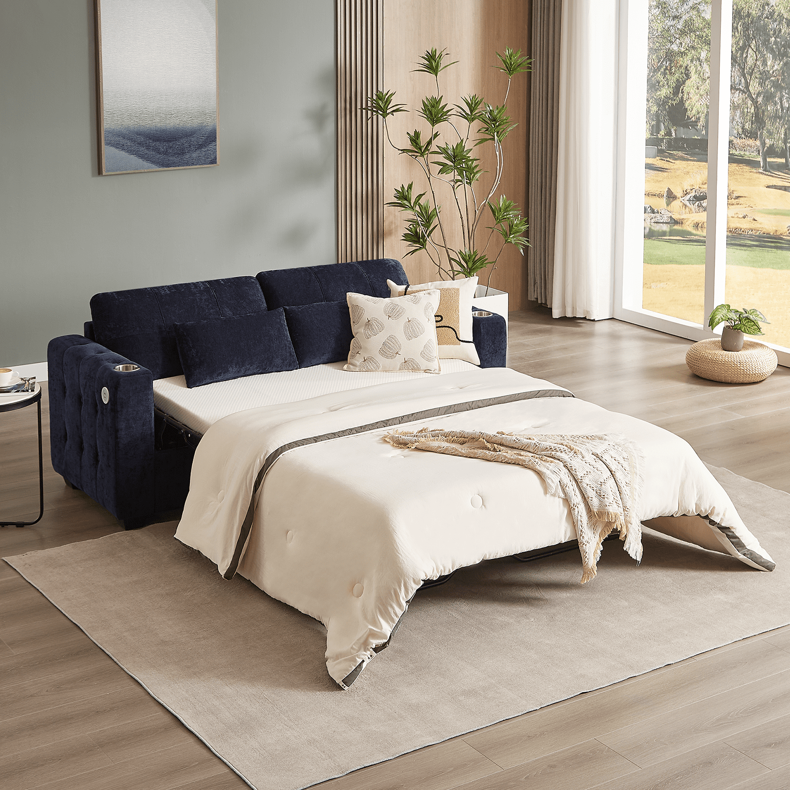 Onbrill Mid-Century Modern Chenille Sofa Bed with Full Size Memory Foam Mattress, USB Charging and Space-Saving Design, Blue