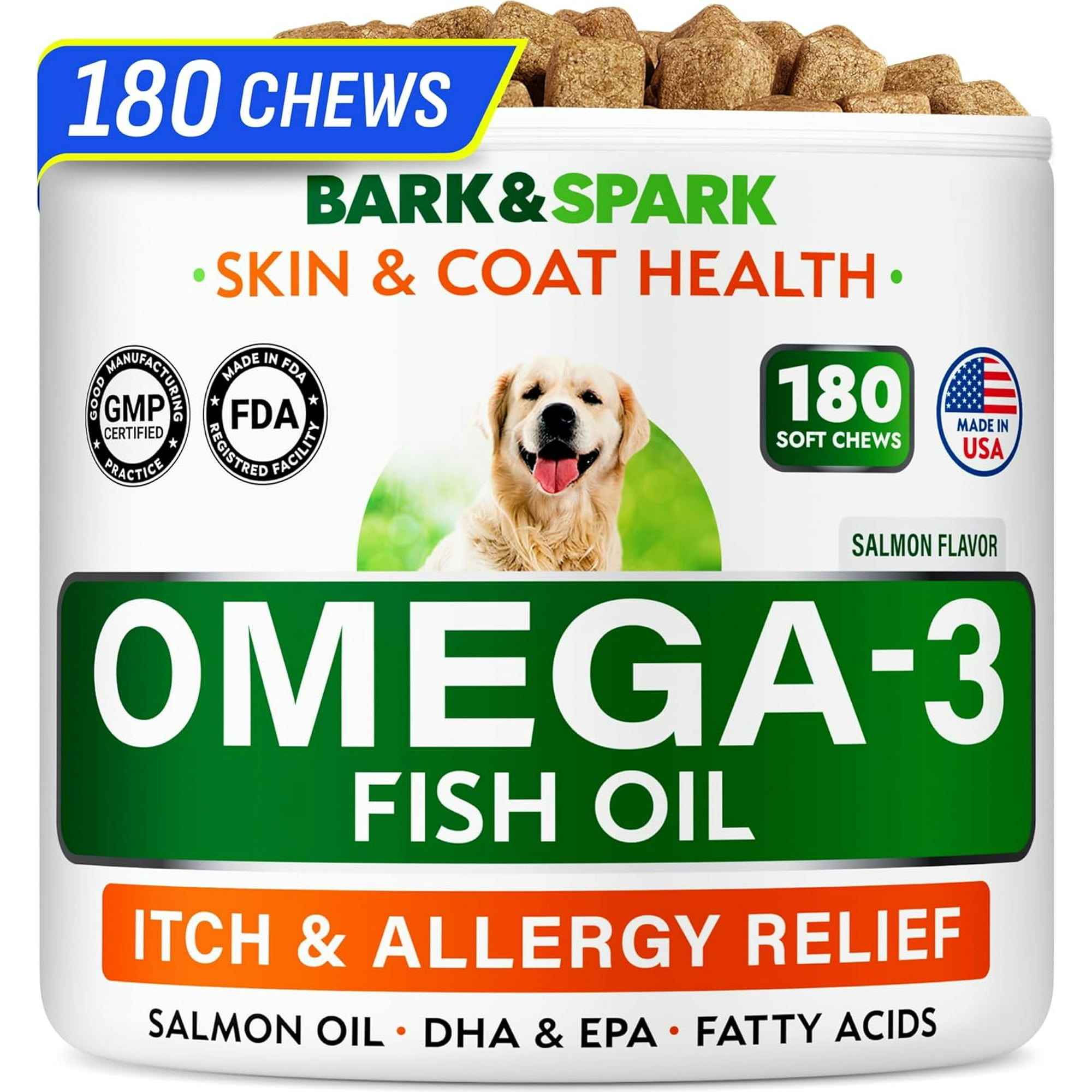 BARK&SPARK Omega 3 for Dogs - 180 Fish Oil Treats for Dog Shedding, Skin Allergy, Itch Relief, Hot Spots Treatment - Joint Health - Skin and Coat Supplement - EPA & DHA Fatty Acids - Salmon Oil