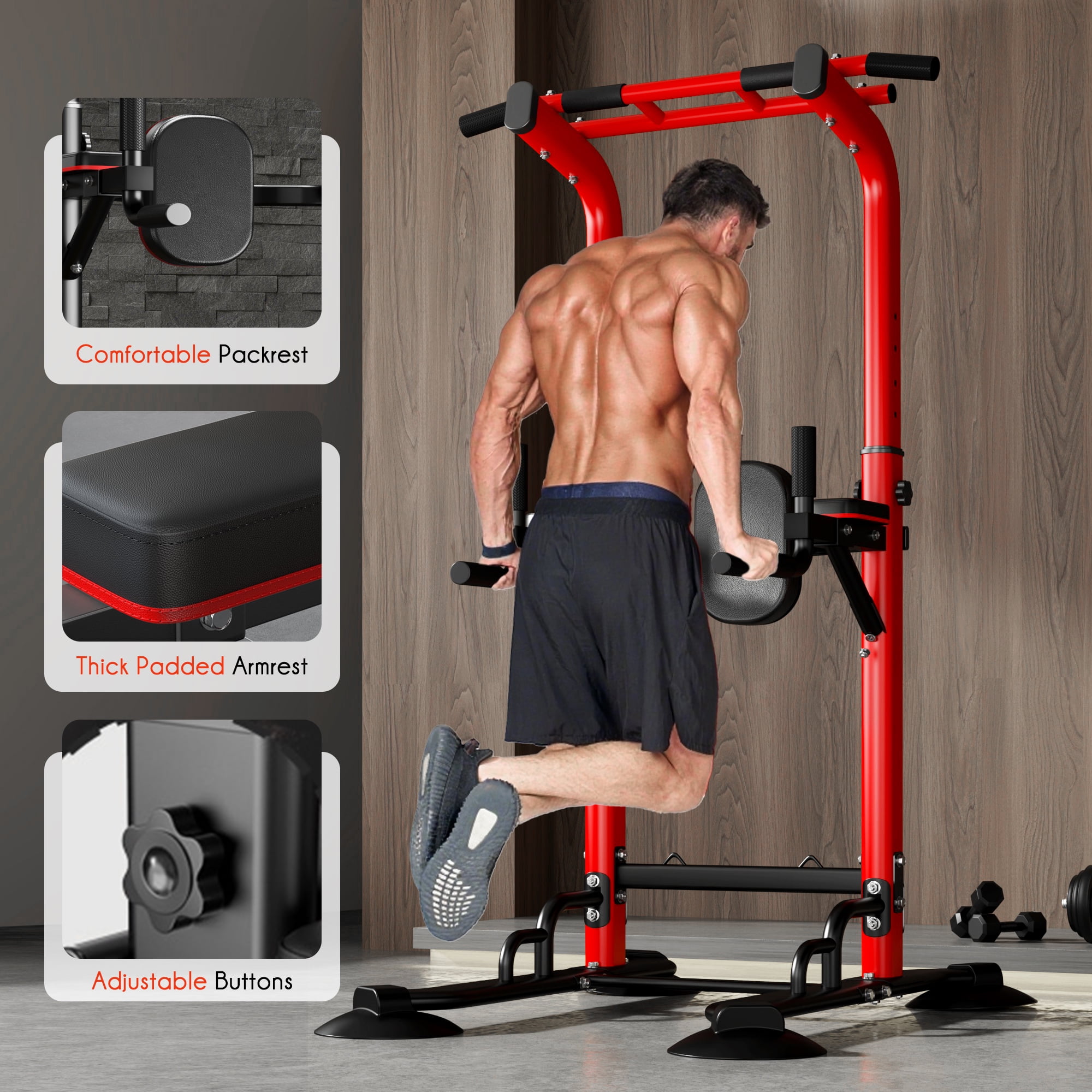 94.5"H Pull Up Bar and Dip Station, Heavy Duty 12 Adjustable Home Gym Equipment for Strength Training, Multifunctional Workout Bar with Resistance Bands – Full Body & Core Exercise 330LBS,Red