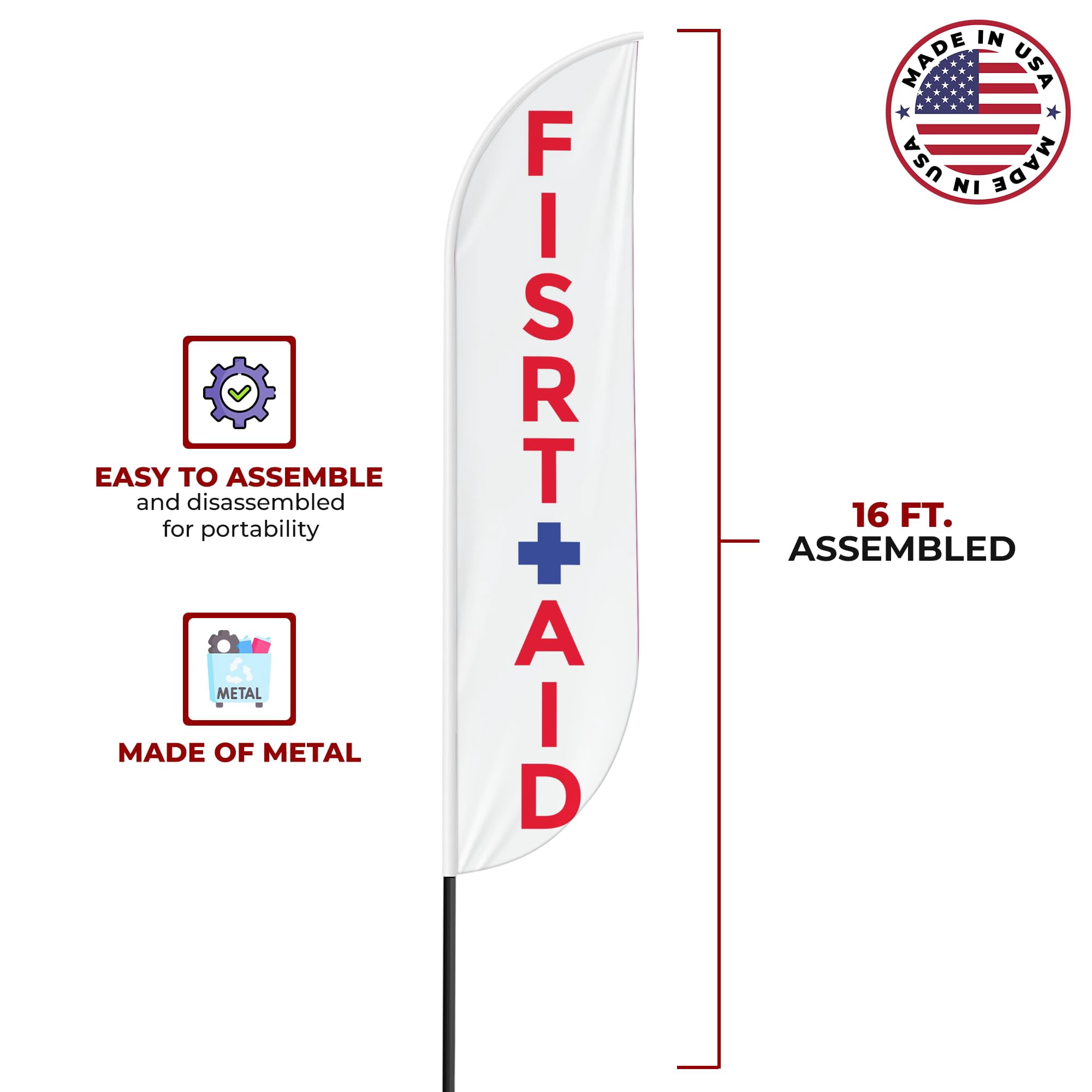 First Aid Sign feather flag for Outdoor by Mavis Print | 11.5 FEET Long Polyester Outdoor Banner Flag | HD Print Swooper I Flag Only to Promote Medicine| Made in USA I Flag Only