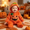 thumbnail image 2 of Gaexia Baby Girls Halloween Pumpkin Face Hooded Bodysuit Romper Long Sleeve Crawling Outfit With Shoes Two Piece Set Toddler Autumn Winter Wear, 2 of 7