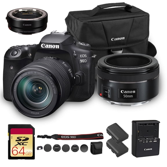 Canon EOS 90D DSLR Camera with 18-135mm Lens (3616C016)   EF 50mm Lens   EF-EOS R Adapter   LP-E6P   Accessories