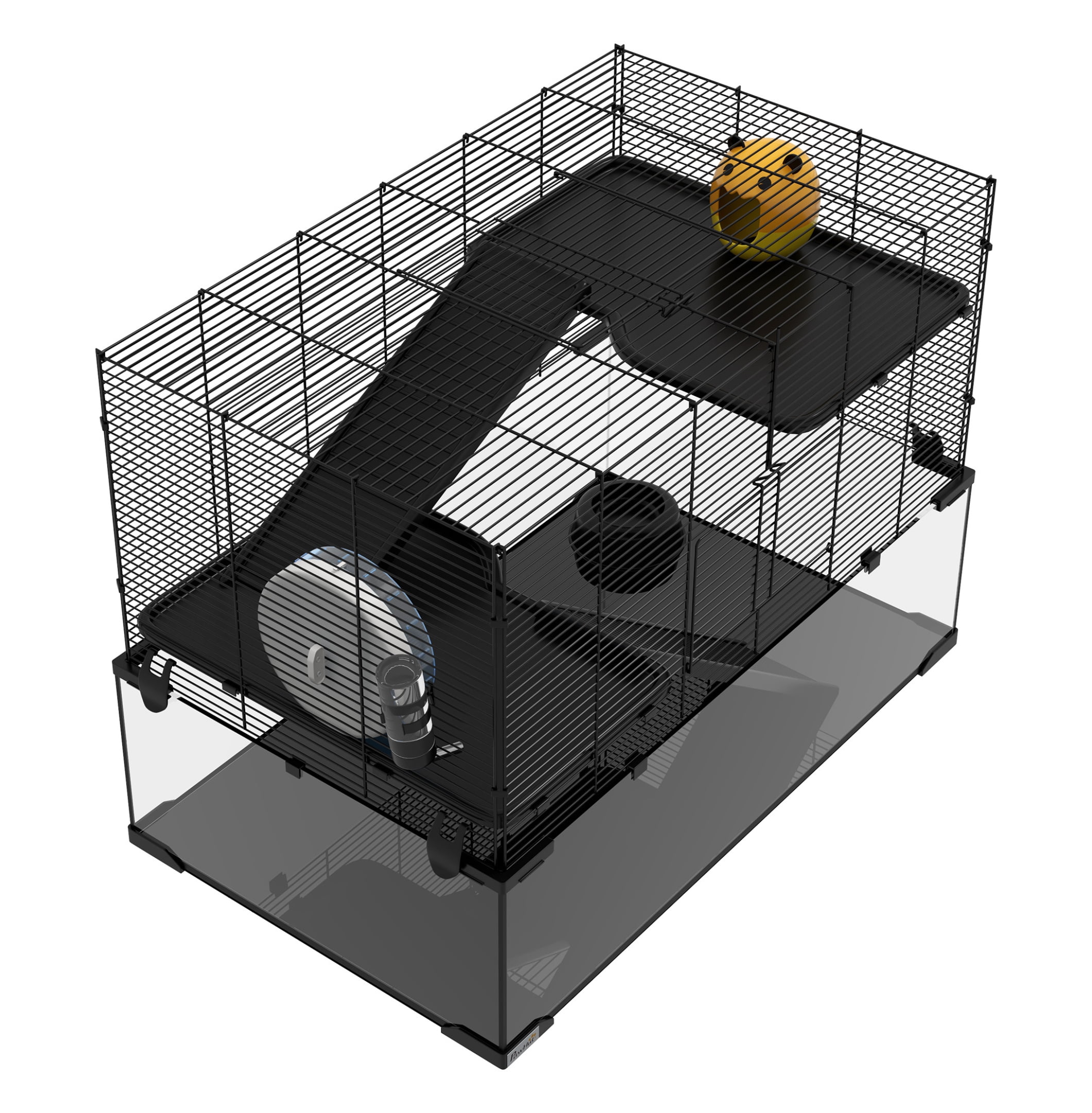 PawHut Hamster Cage, 31" Gerbil Cage with Glass Basin, Ramps, Platforms, Hut, Exercise Wheel, for Small Hamsters, Black