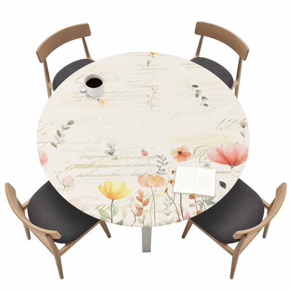 Watercolor Wildflowers Fitted Tablecloth with Elastic Edged, Round Table Cloth for Dining Table, Farmhouse Country Botanical Flowers Waterproof Oil Proof Table Cover for Indoor Outdoor 55"-60"