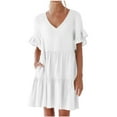 thumbnail image 2 of UPPADA Wedding Guest Dresses for Women, Womens Mini Dress With Pocket Summer Casual Solid V Neck Short Sleeve Ruffle Dresses, Vestidos de verano, 2 of 7