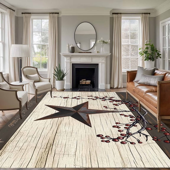Area Rug for Living Room, Texas Star Brown Non-Slip Indoor Large Carpet for Bedroom/Dining Room, Farmhouse Berry Wooden Vintage Washable Low-Profile Rectangle Floor Runner Rugs - 5 x 7 Ft