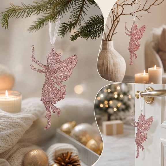 Tyidzon Pink Christmas Tree Ornament Glitter Acrylic Elf Hanging Decor for Wall Window Winter Holiday Party Supplies