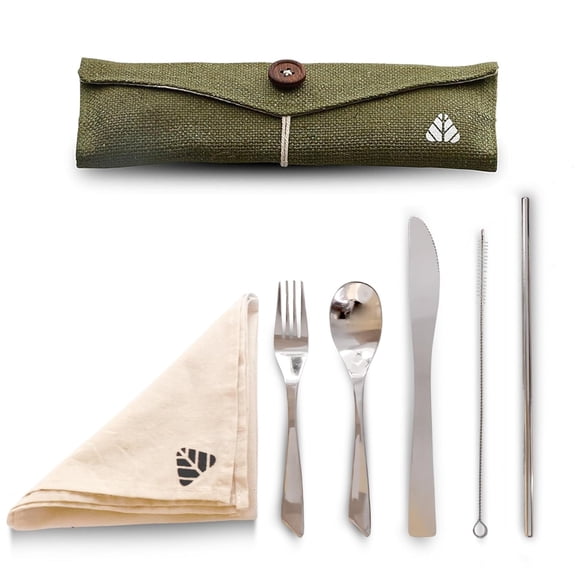 Rusabl - Stainless Steel Cutlery Set Pack of 6, Green Reusable Travel Kit with Spoon, Fork, Knife, Straw, Cleaning Brush, Napkin & Jute Pouch