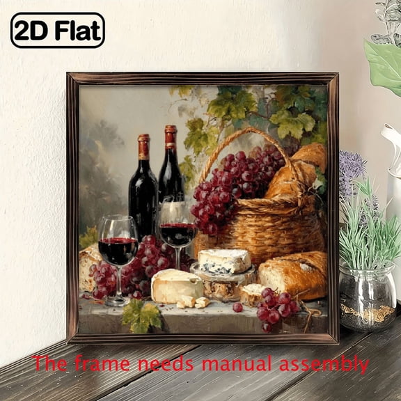 wooden board painting,Elegant Grape Wine Wall Art with Wooden Frame Vibrant Canvas Painting of Red Grapes, Cheese, and Bottles of Wine Perfect for Living Room.