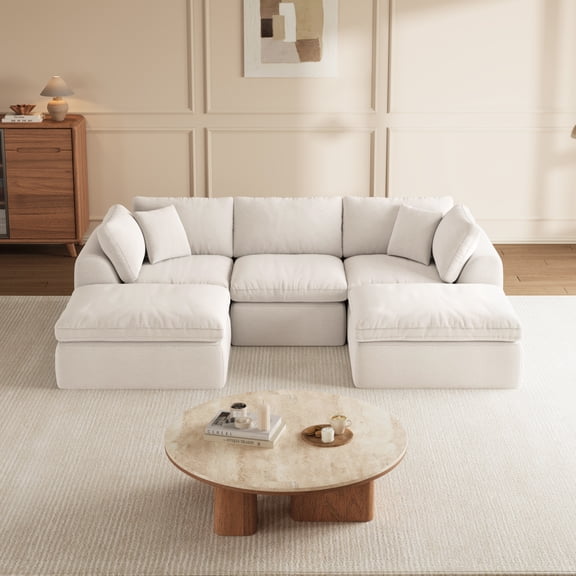 5-Seat U-Shape Modular Sectional Sofa with Ottomans, Boneless Cloud Couch, No-Assembly Living Room Design, 110" Wide, White