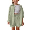 thumbnail image 2 of UACY Girls 2 Pcs Boho Linen Outfits Long Sleeve Button Down Loose Top Matching Short Pants Toddler Kids Casual Gauze Sets ﻿ (Light Green, 11-12 Years), 2 of 9