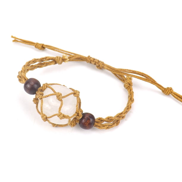 Xiao Hua Pulsera de cuentas hecha a mano, ideal para hombres y mujeres, tejida a mano con piedra natural marrón, con bolsa de malla ajustable y elástica (blanca).