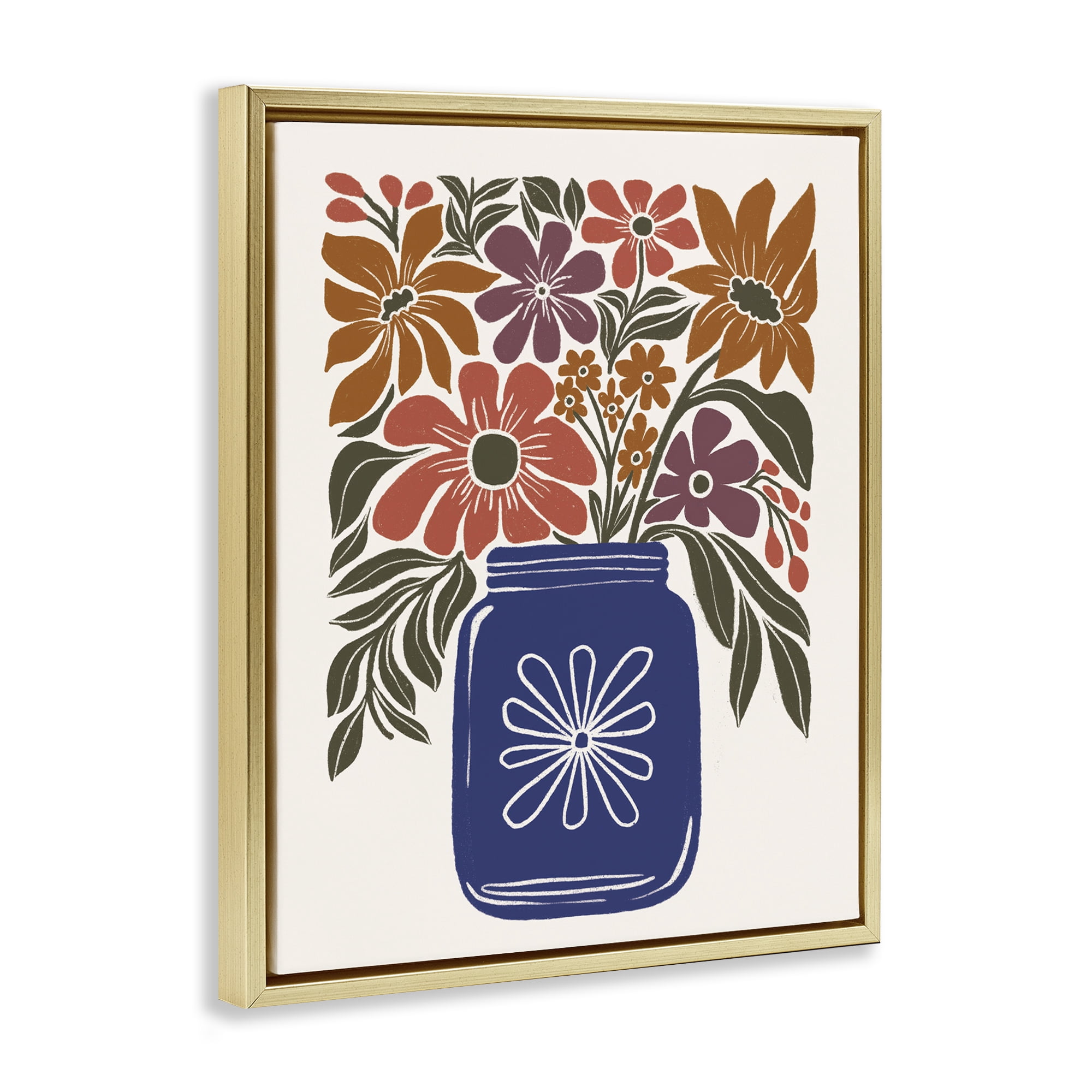 Stupell Industries Boho Blossoms Vase Plants & Flowers Painting Gold Floater Framed Canvas Art Print Wall Art, 17 x 21