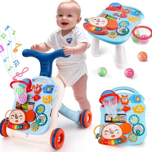 AuntyFey 3-IN-1 Baby Walker with Wheels & Accessories, Baby Push Toy for 1 Year old, Walk Toy for Boys Girls, Blue