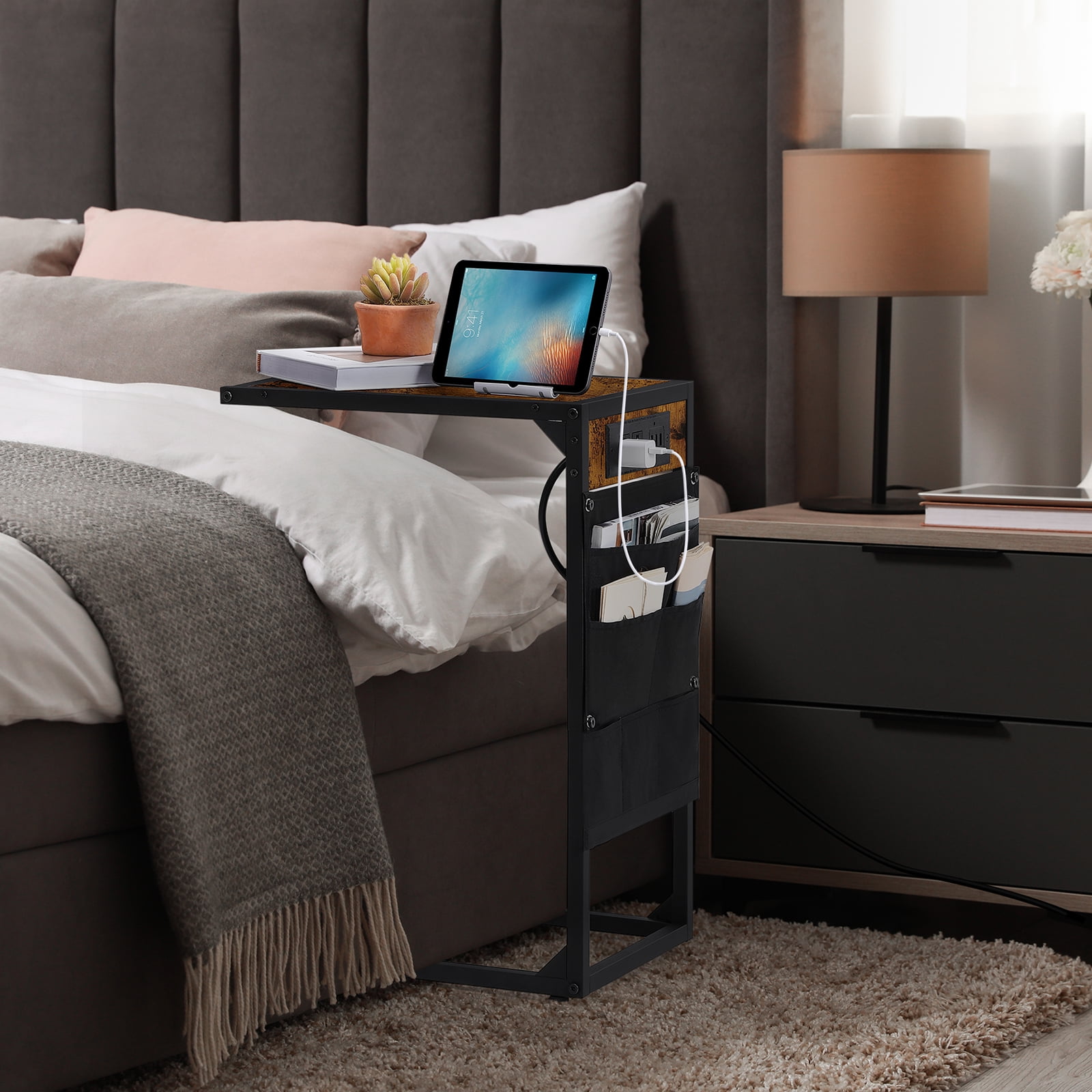 C-Shaped Coffee Table Side Table with Charging Station 2 Piece Sofa Table Set Brown