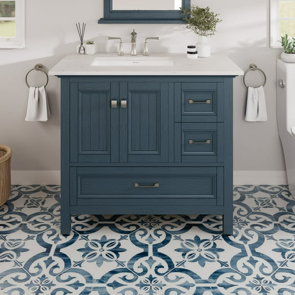 EVIVA Britney 36 Inch Transitional Ash Blue Bathroom Vanity with Carrara Quartz Countertop