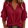 thumbnail image 2 of Warop Women's Solid Western Cotton Linen Button Shirt Tiered Ruffle 3/4 Sleeve Collar Blouse Casual for Daily Outing, 2 of 7