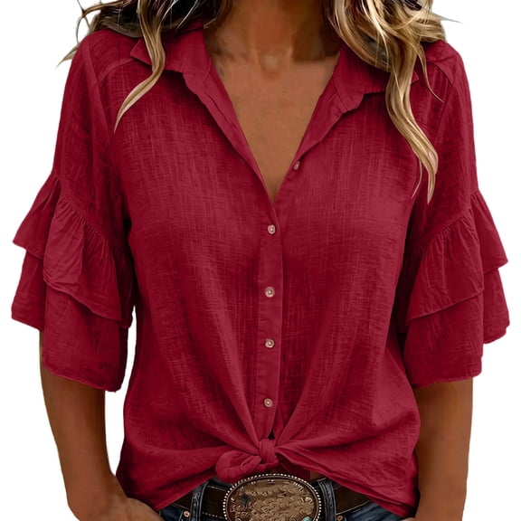 Tops for Women 3/4 Sleeve Collared Women Solid Western Linen Cotton Button Down Tiered Ruffle Blouse