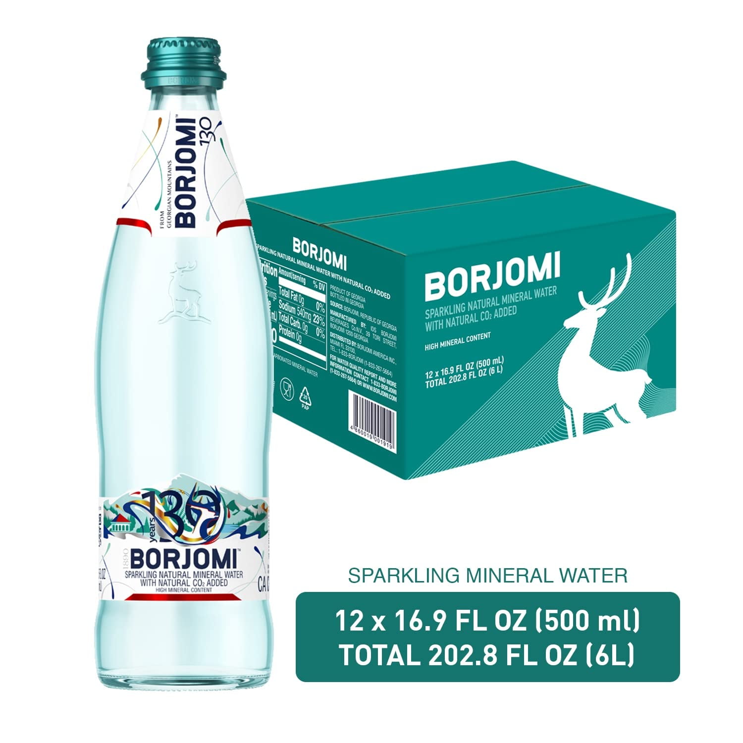 Borjomi Sparkling Natural Mineral Water with Natural CO2 Added, 16.9 fl oz. (12 pack) Glass