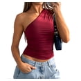 thumbnail image 2 of Blusa Asimétrica de Punto Fruncido con un Hombro Al Descubierto para Mujer, Estilo Y2K, Verano 2025 Vino Tinto L, 2 of 10