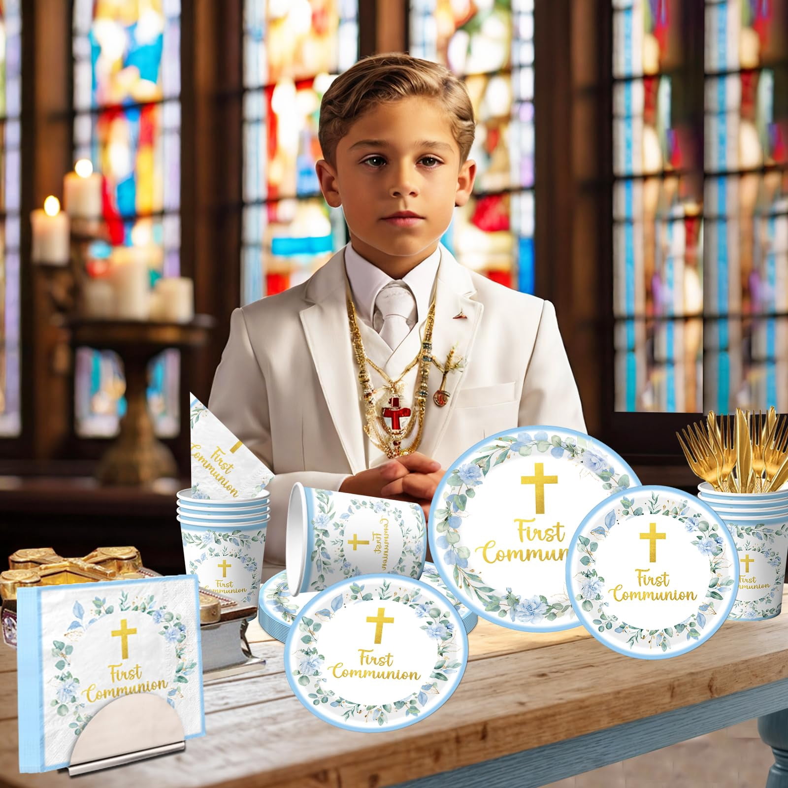 Communion Decorations – Includes 9" & 7" Plates, Napkins, Cups, Cutlery, Serves 25, for First Holy Communion, Baptism, Primera Comunion Party, Available in Pink, Blue, or Green